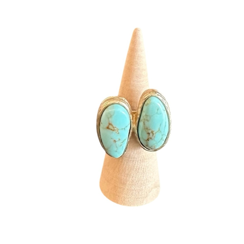 Blue and Gold Turquoise Color Ring with Dual Stones Size 6